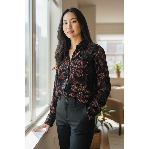 Jane + Delancey Tops - Jane & Delancey Shirt Top Mesh Black Delicate Button Up Floral Butterfly Medium